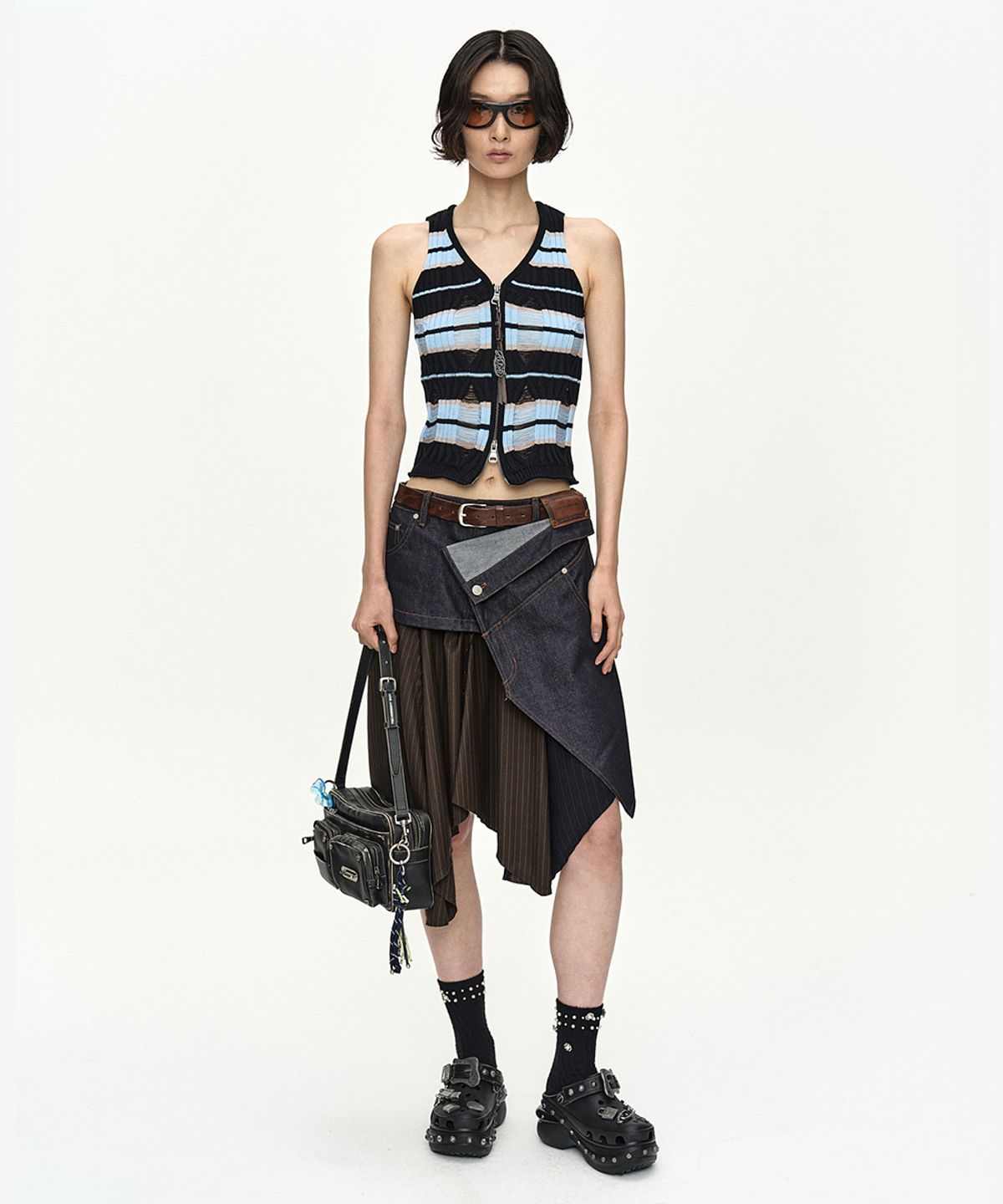 앤더슨벨(ADSB ANDERSSON BELL) RIGID TURN-OVER ASYMMETRIC SKIRT apa913w(NAVY/BROWN)