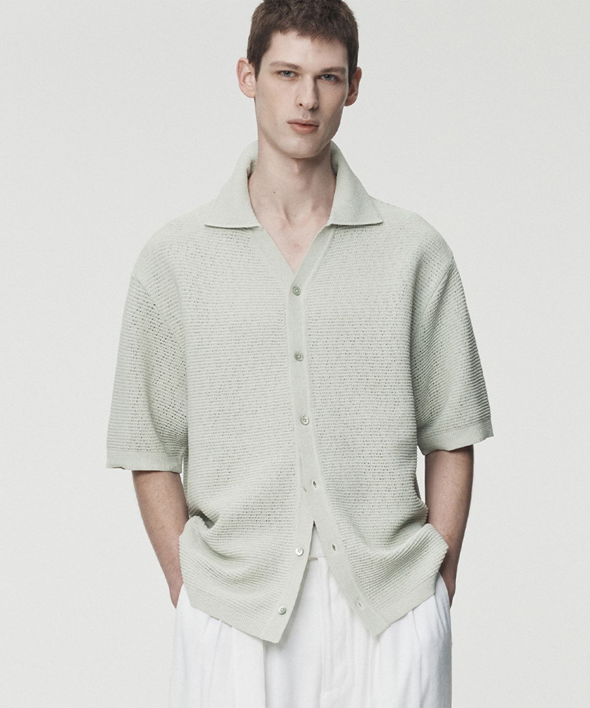 우마뭉(UMARMUNG) Cotton crochet half sleeve shirts_Green tea