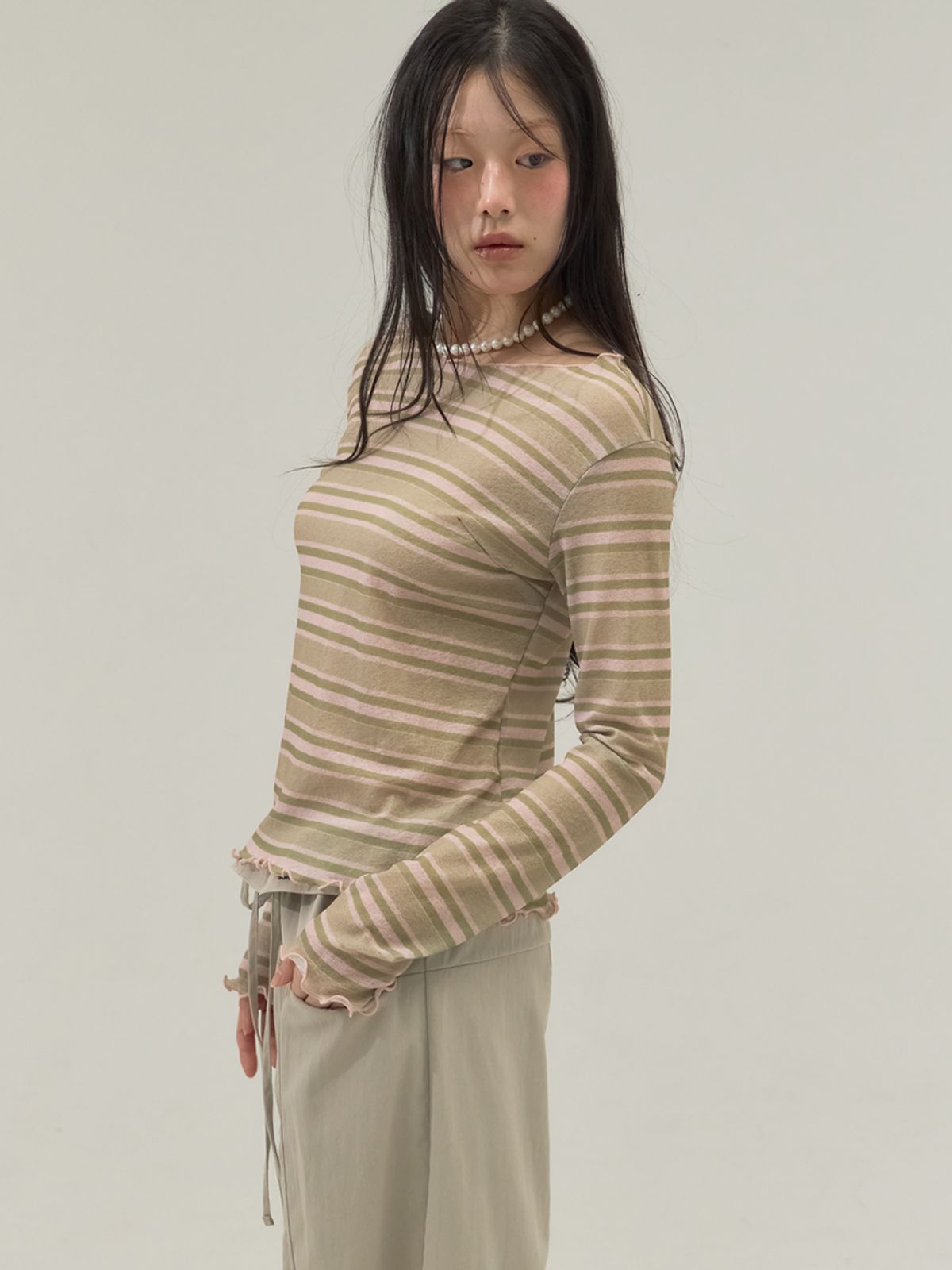 쏘리, 투 머치 러브(SORRY, TOO MUCH LOVE) Faded  Stripe Boatneck Top_Pink