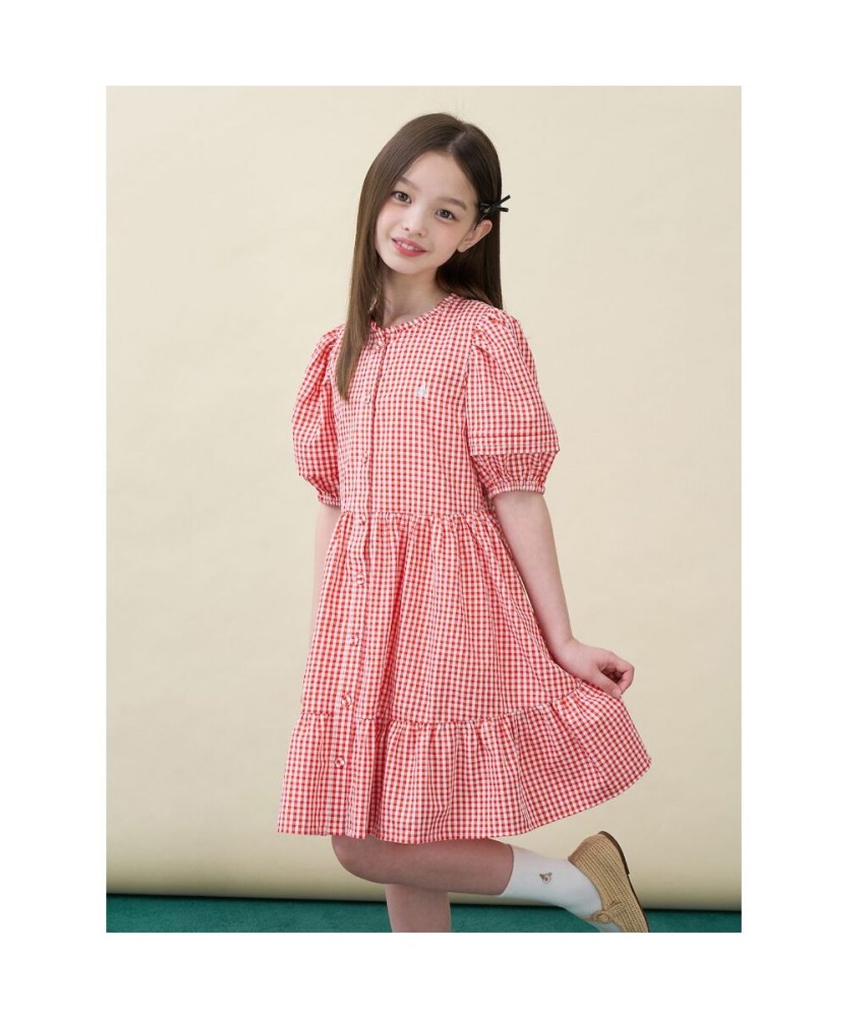 빈폴 키즈(BEANPOLE KIDS) 시어서커 깅엄체크 반소매 원피스  레드 (BI6471G026)