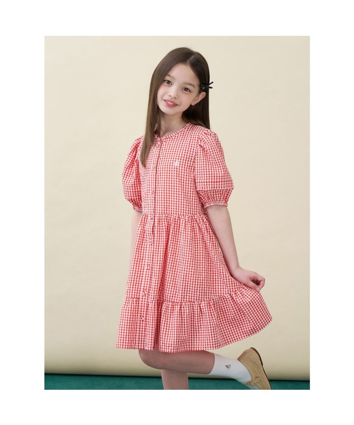 빈폴 키즈(BEANPOLE KIDS) 시어서커 깅엄체크 반소매 원피스  레드 (BI6471G026)