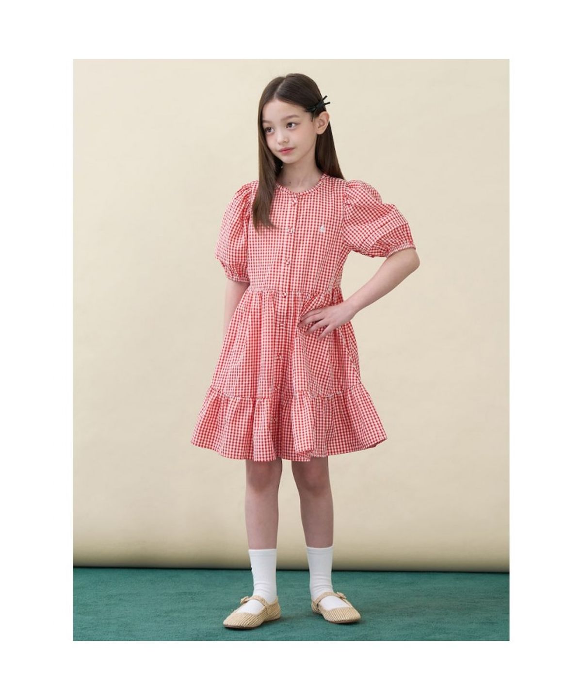 빈폴 키즈(BEANPOLE KIDS) 시어서커 깅엄체크 반소매 원피스  레드 (BI6471G026)