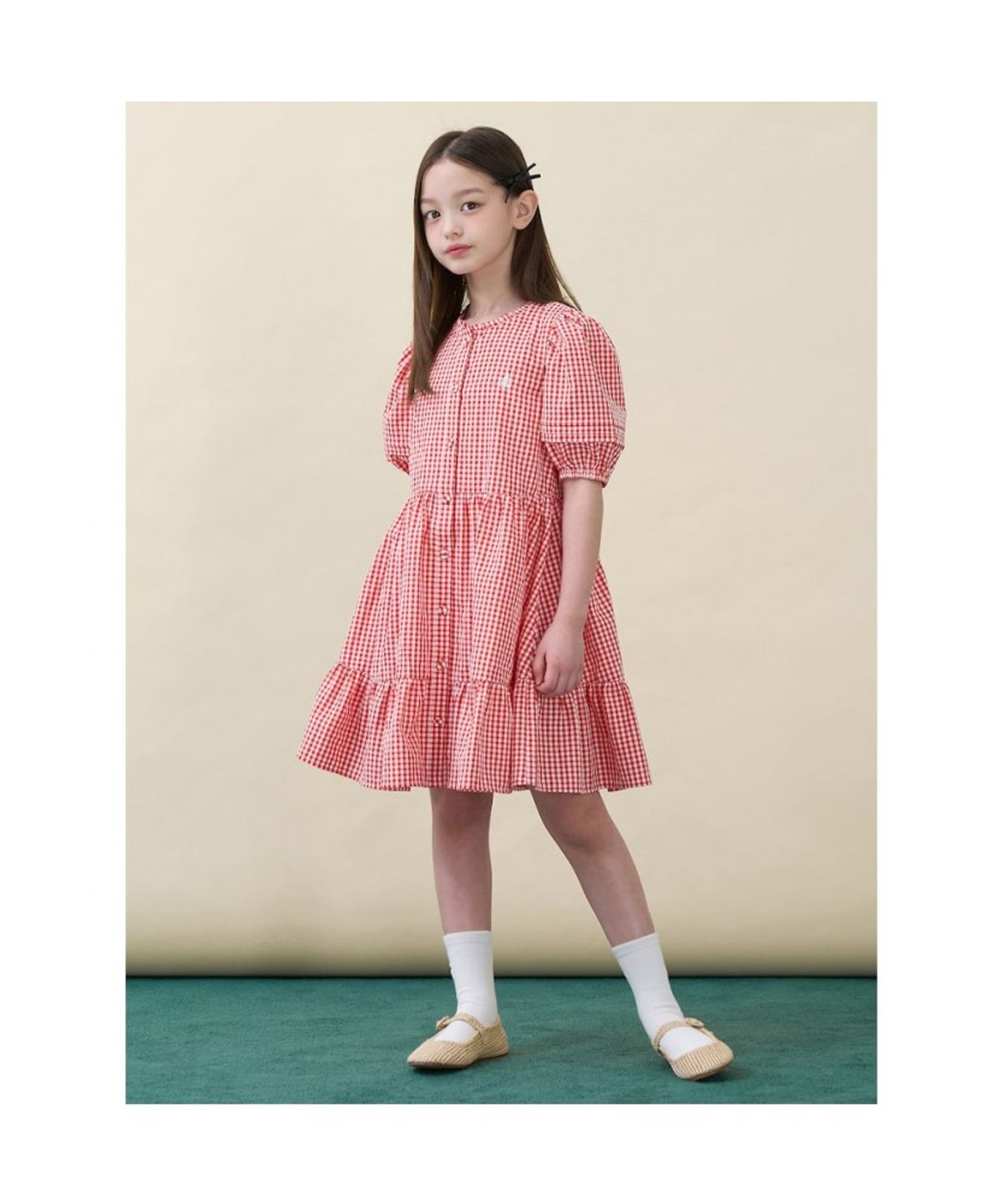 빈폴 키즈(BEANPOLE KIDS) 시어서커 깅엄체크 반소매 원피스  레드 (BI6471G026)