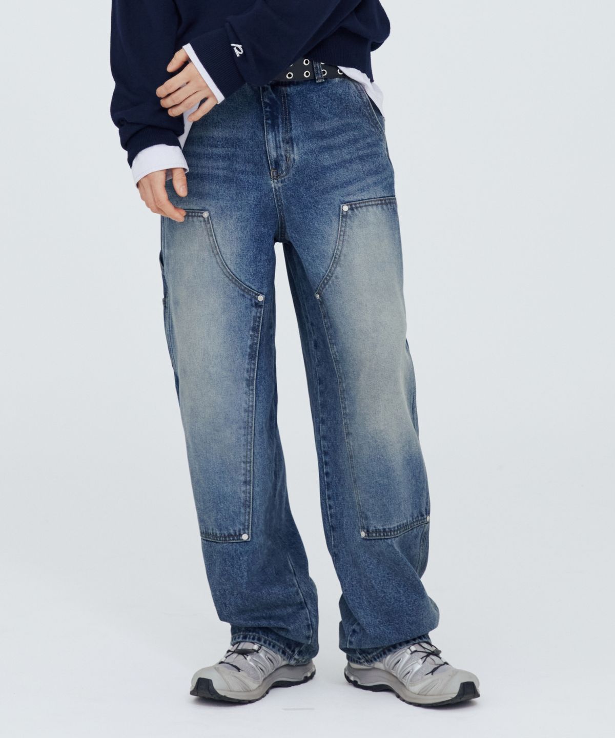 모덴아르더(MODEN ARDOR) 더블 니 와이드 데님 팬츠 (중청)