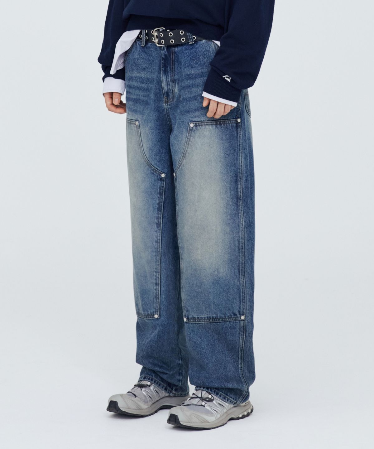 모덴아르더(MODEN ARDOR) 더블 니 와이드 데님 팬츠 (중청)