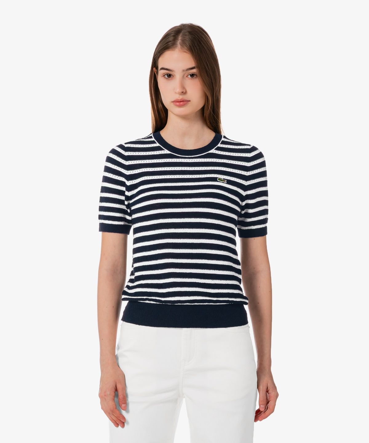 라코스테(LACOSTE) 여성 부클 스트라이프 반팔 스웨터 AF251E-56G 166