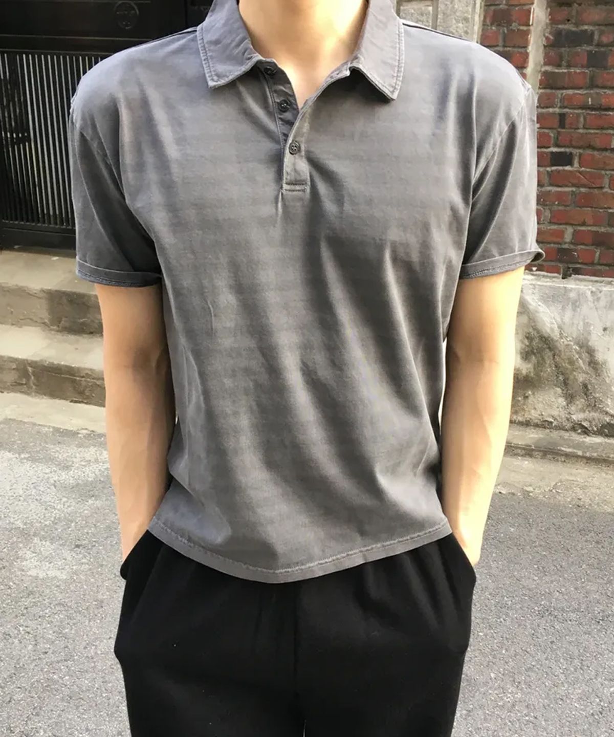 인템포무드(INTEMPOMOOD) 피그먼트 스트라이프 칼라 티셔츠 : 2컬러
