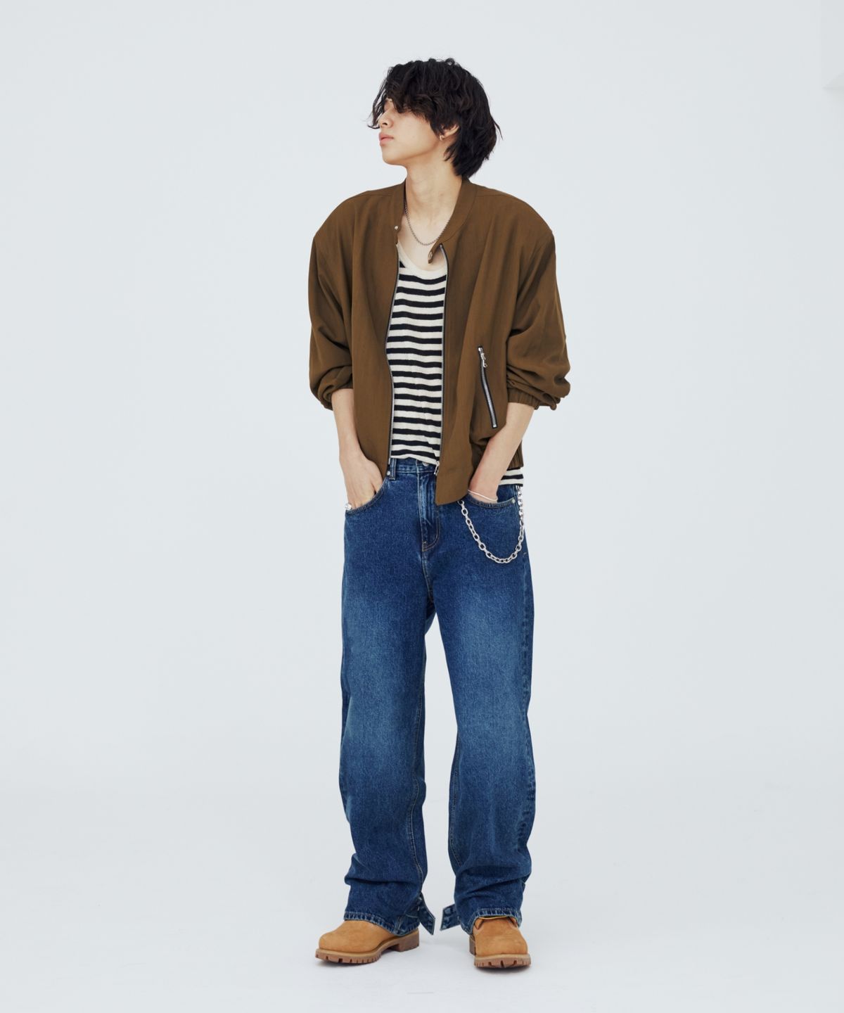 모덴아르더(MODEN ARDOR) 스트랩 스냅 와이드 데님 팬츠 (중청)