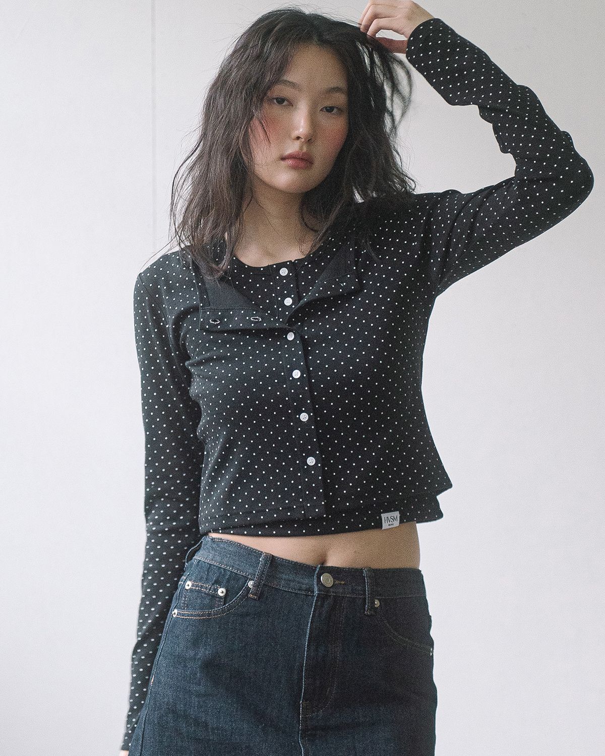 해비즘(HAVISM) DOT CARDIGAN + HENLEY NECK SLEEVELESS SET(BLACK)