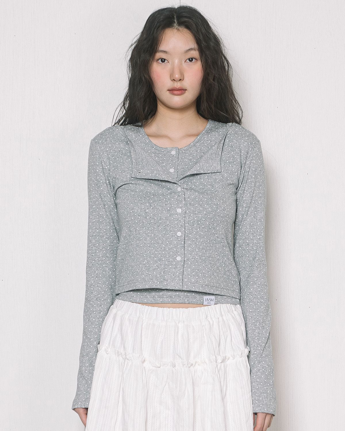 해비즘(HAVISM) DOT CARDIGAN + HENLEY NECK SLEEVELESS SET(GREY)