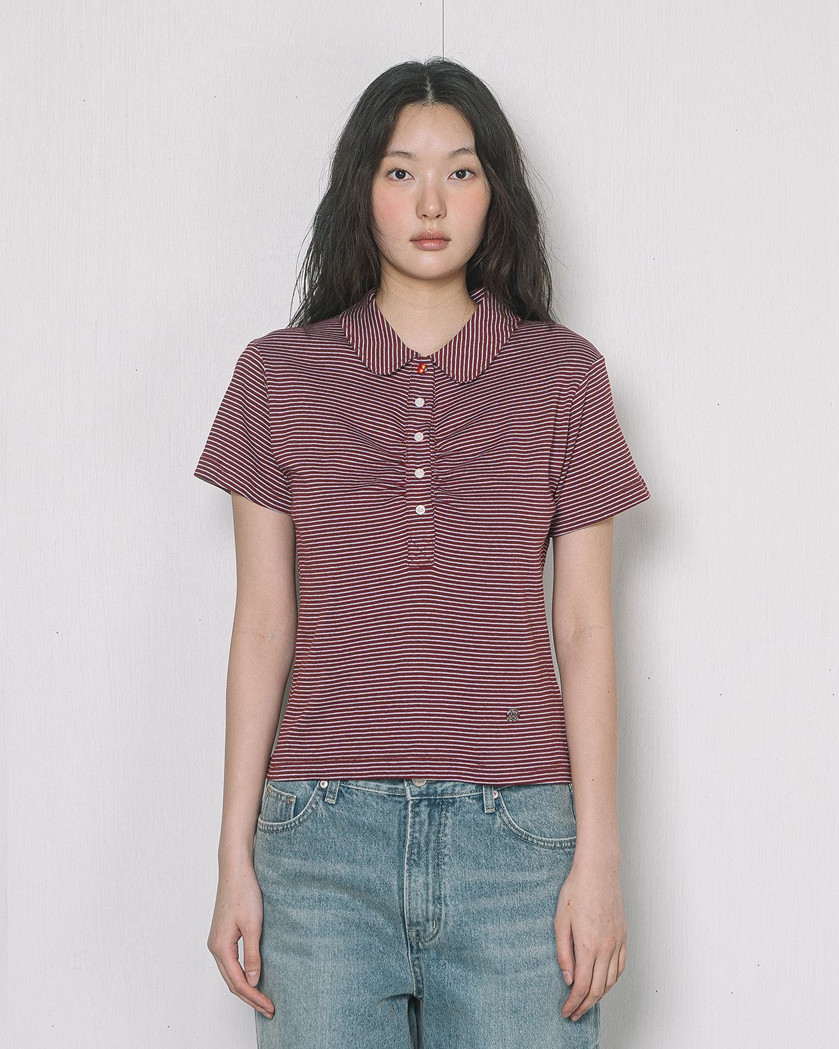 해비즘(HAVISM) ROUND COLLAR SHIRRING S/S TEE(STRIPE RED)