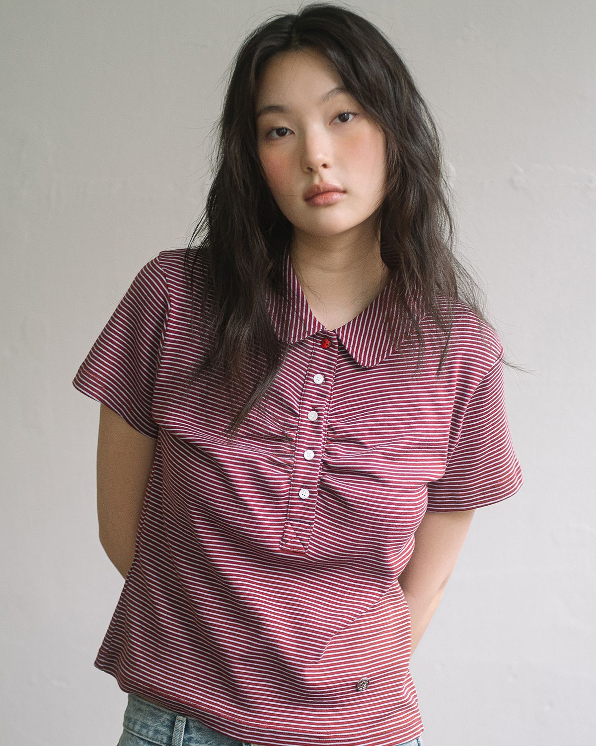 해비즘(HAVISM) ROUND COLLAR SHIRRING S/S TEE(STRIPE RED)