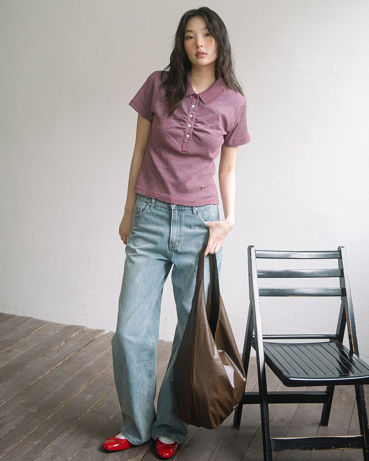 해비즘(HAVISM) ROUND COLLAR SHIRRING S/S TEE(STRIPE RED)