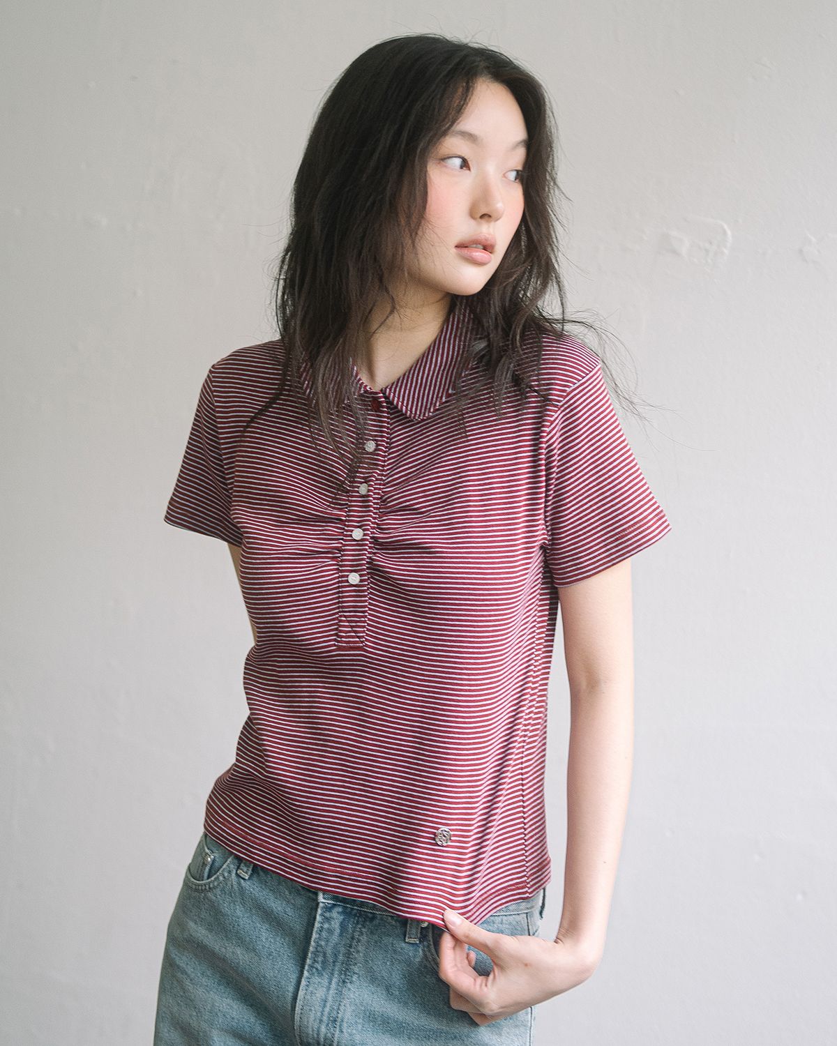 해비즘(HAVISM) ROUND COLLAR SHIRRING S/S TEE(STRIPE RED)