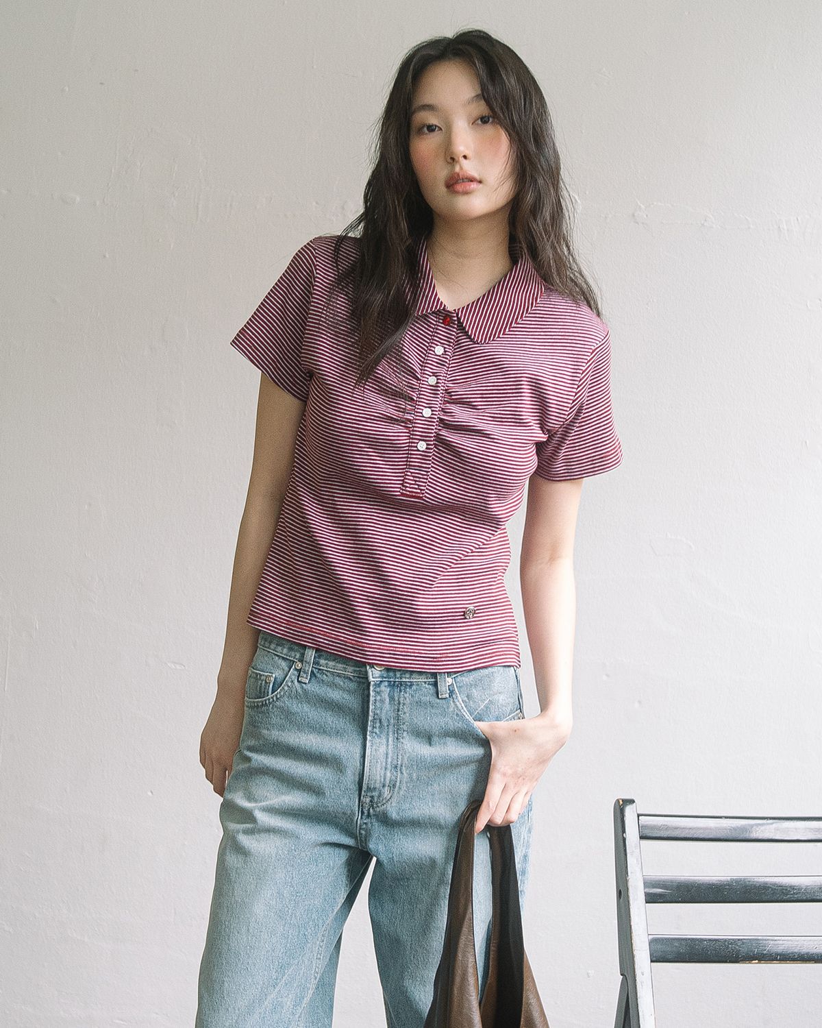 해비즘(HAVISM) ROUND COLLAR SHIRRING S/S TEE(STRIPE RED)