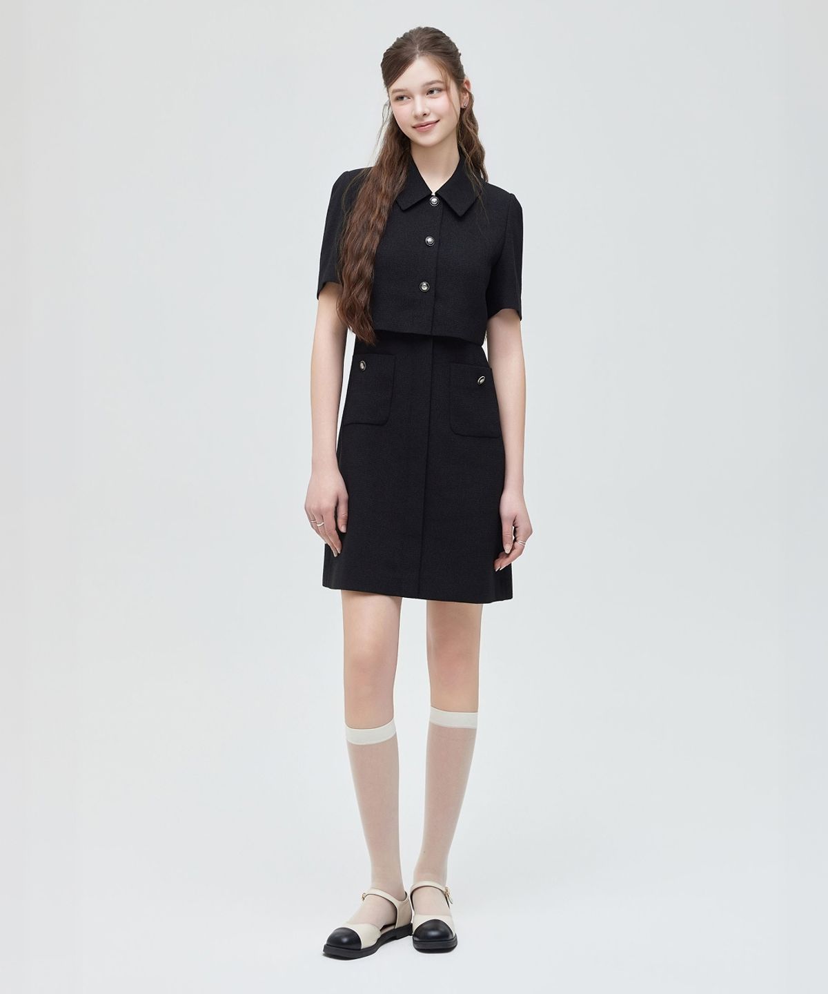 로엠(ROEM) 카라 2in1 트위드 미니 원피스 (BLACK) RMOWG25NT1