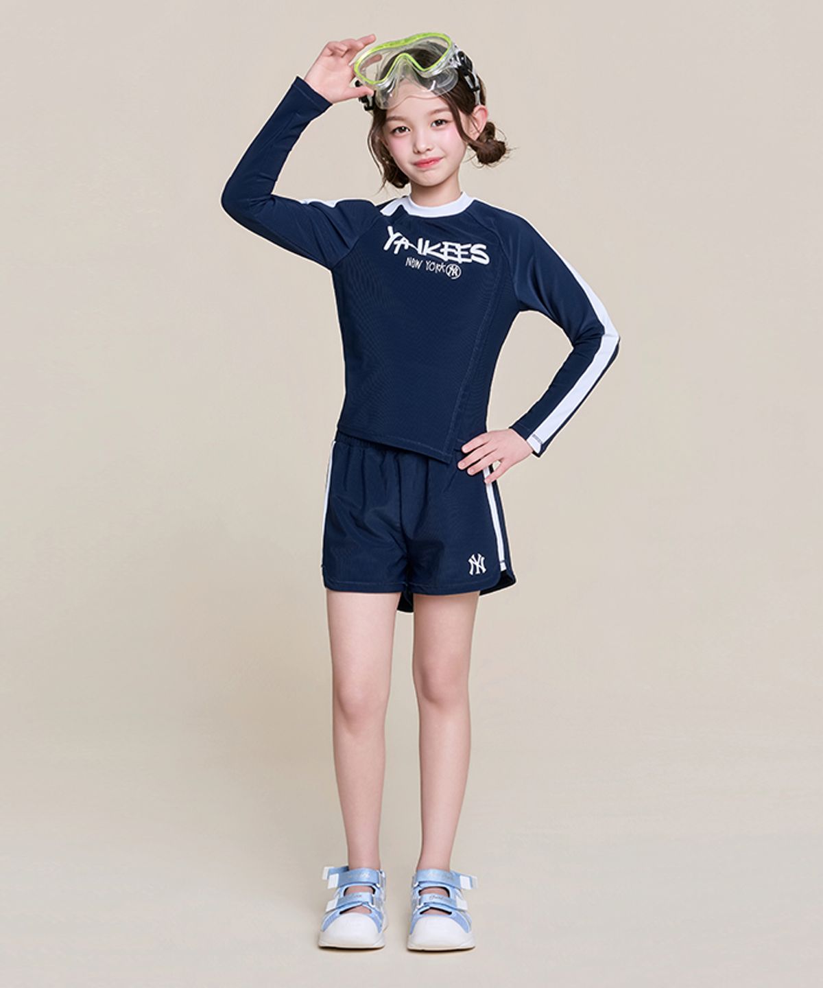 엠엘비 키즈(MLB KIDS) 걸즈 스트릿 배색 래쉬가드 쇼츠 세트 NY (Navy)
