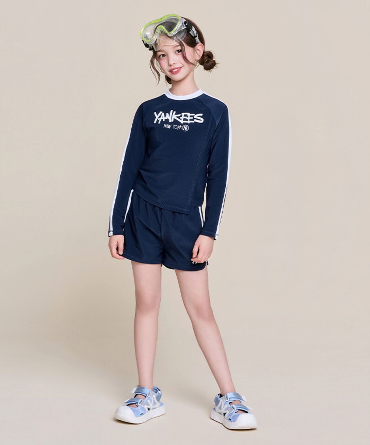 엠엘비 키즈(MLB KIDS) 걸즈 스트릿 배색 래쉬가드 쇼츠 세트 NY (Navy)
