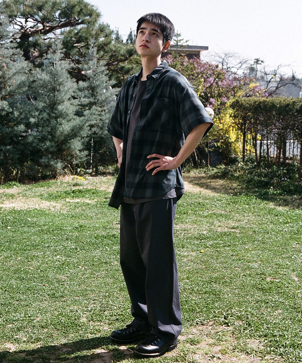 홀리선(HORLISUN) Ophir Cupro Ombre Multi Check Shirt Charcoal