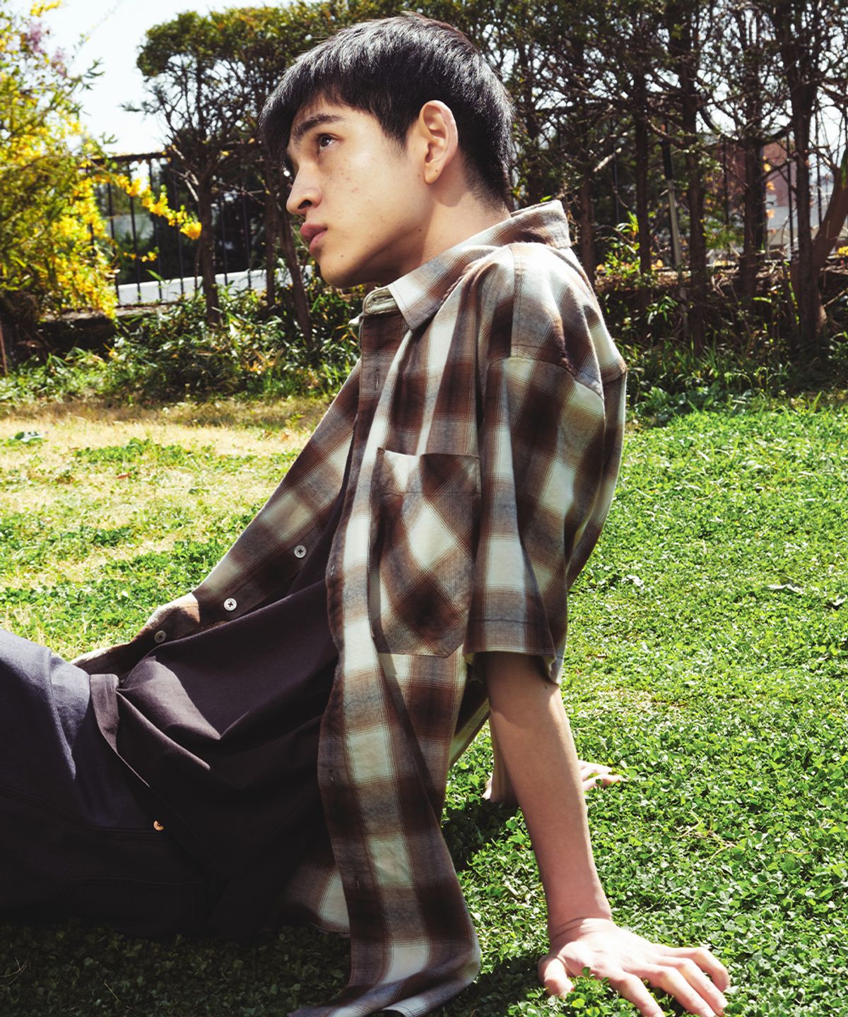 홀리선(HORLISUN) Ophir Cupro Ombre Multi Check Shirt Mocha