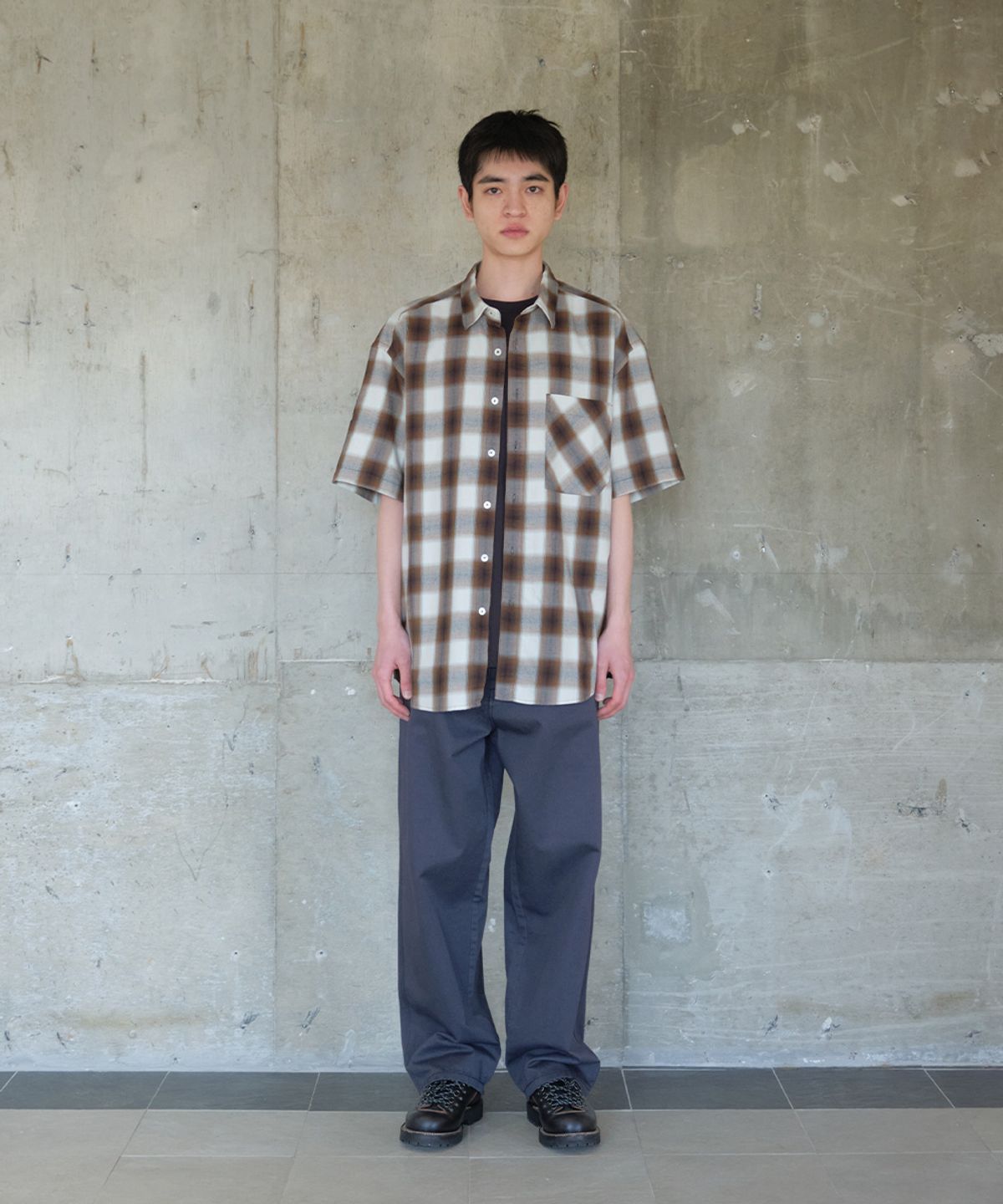 홀리선(HORLISUN) Ophir Cupro Ombre Multi Check Shirt Mocha