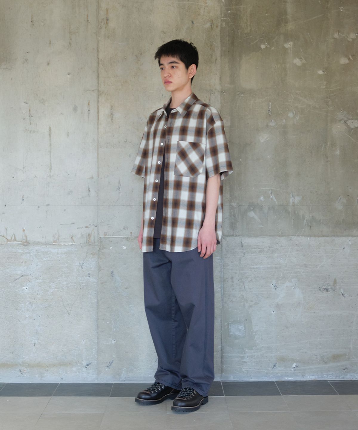 홀리선(HORLISUN) Ophir Cupro Ombre Multi Check Shirt Mocha