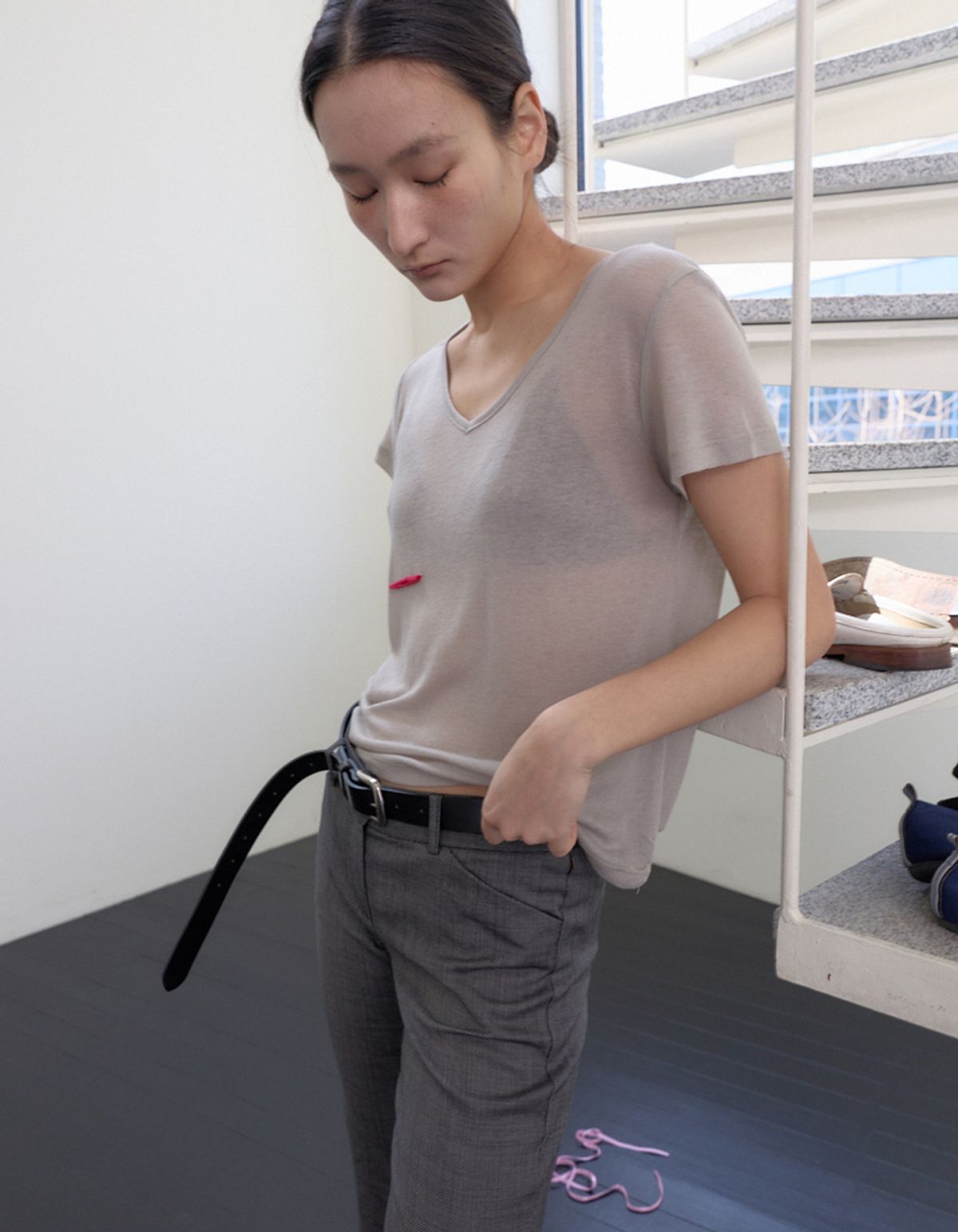 영마일웨어(0MILEWEAR) 시어 레드 트림 티셔츠(그레이)