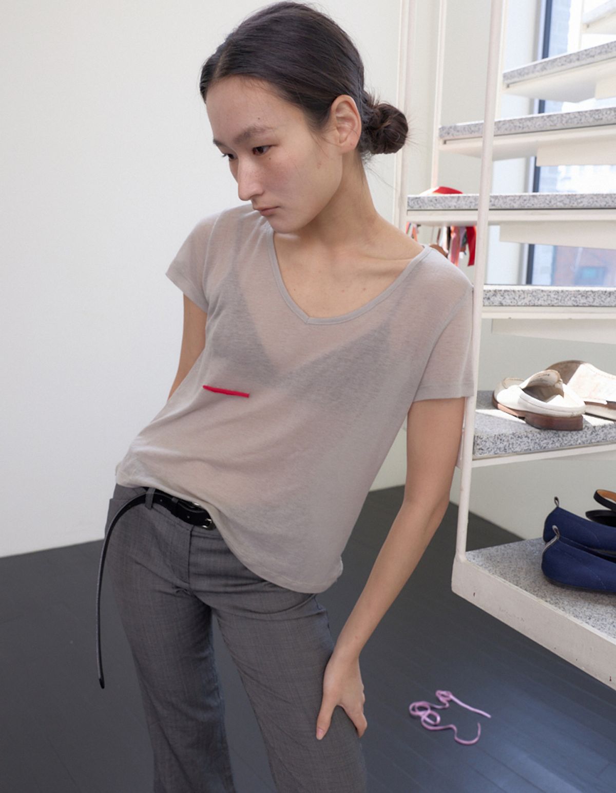 영마일웨어(0MILEWEAR) 시어 레드 트림 티셔츠(그레이)