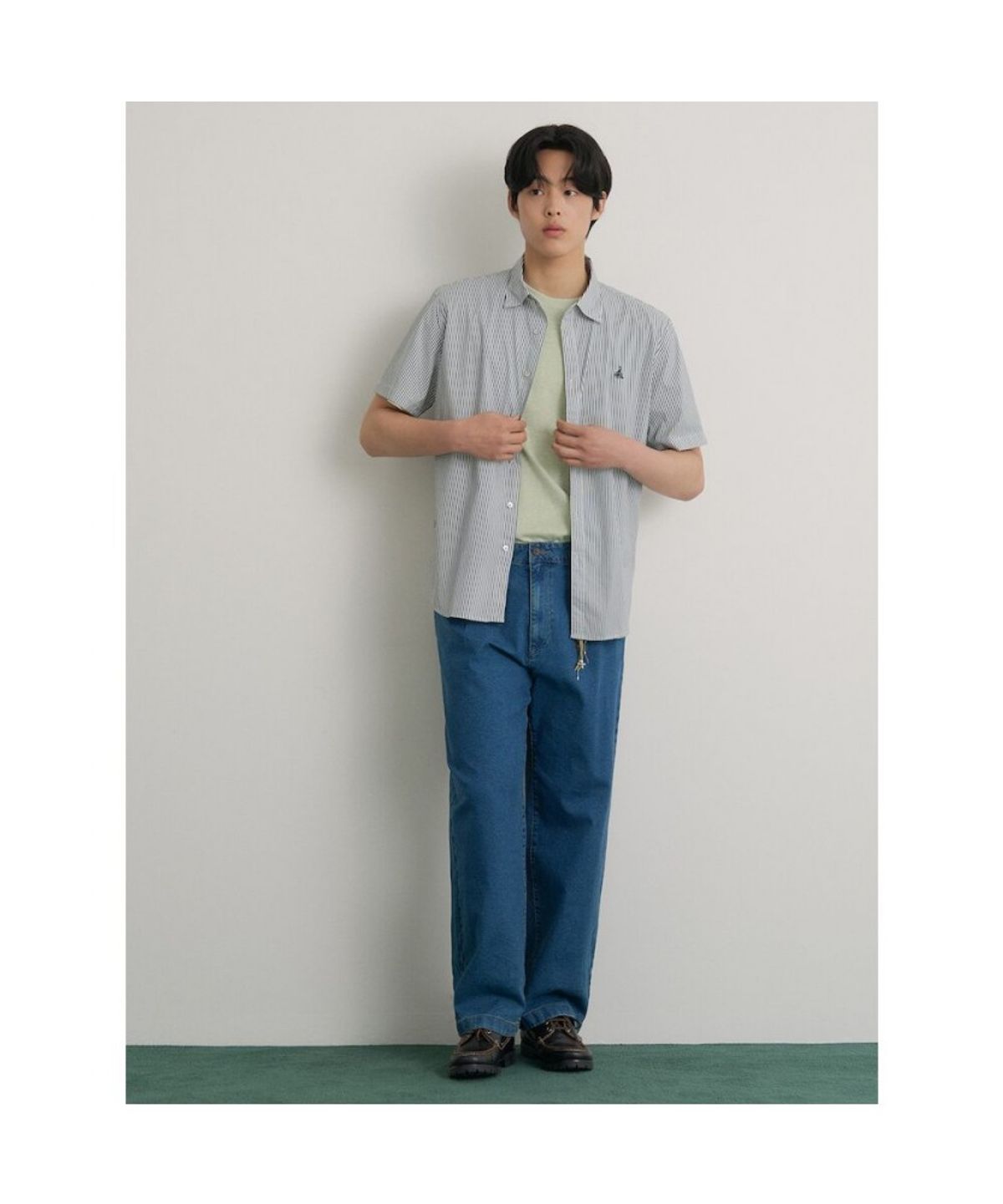 빈폴 멘(BEANPOLE MEN) 플레인 스트라이프 반소매 셔츠  그린