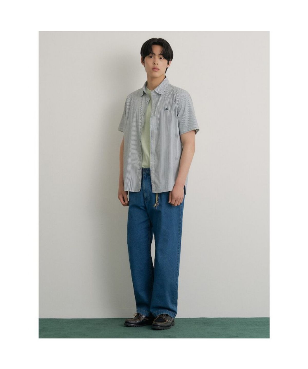 빈폴 멘(BEANPOLE MEN) 플레인 스트라이프 반소매 셔츠  그린