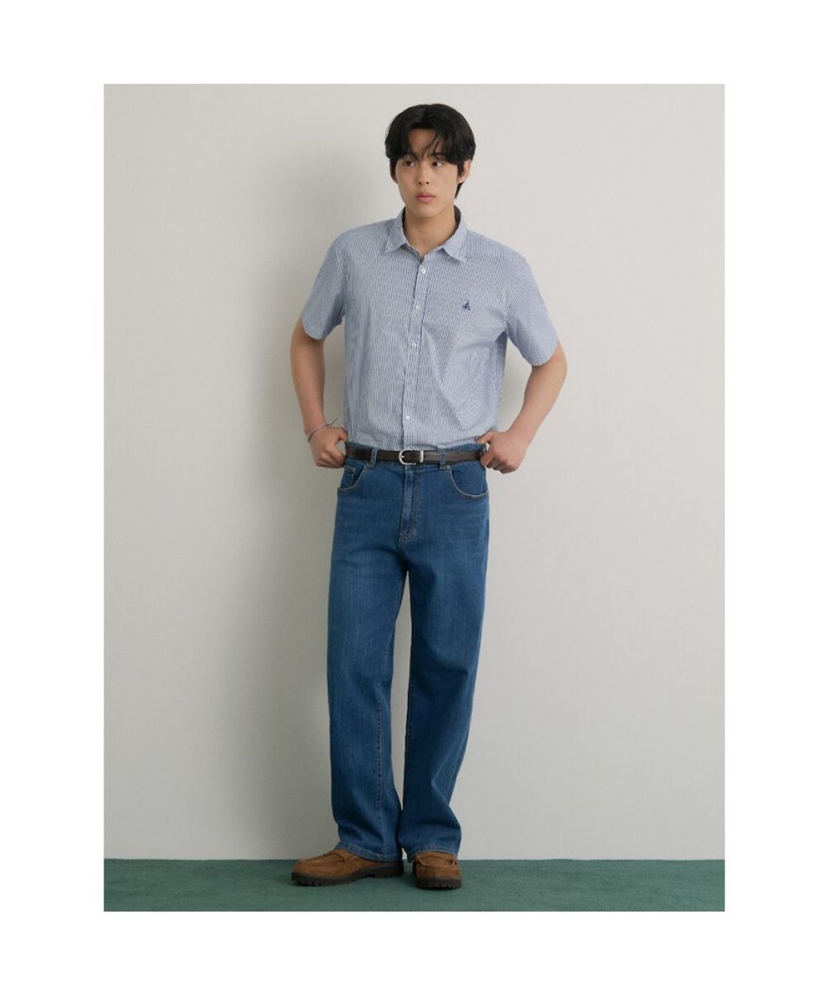 빈폴 멘(BEANPOLE MEN) 플레인 스트라이프 반소매 셔츠  블루