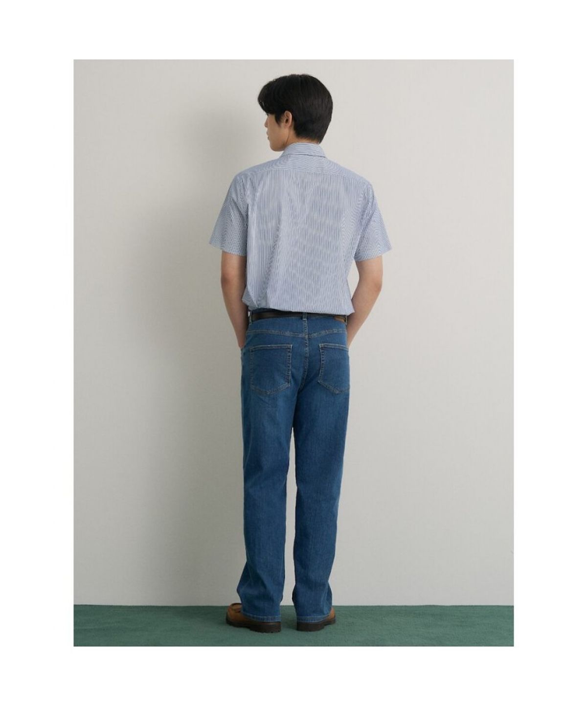 빈폴 멘(BEANPOLE MEN) 플레인 스트라이프 반소매 셔츠  블루