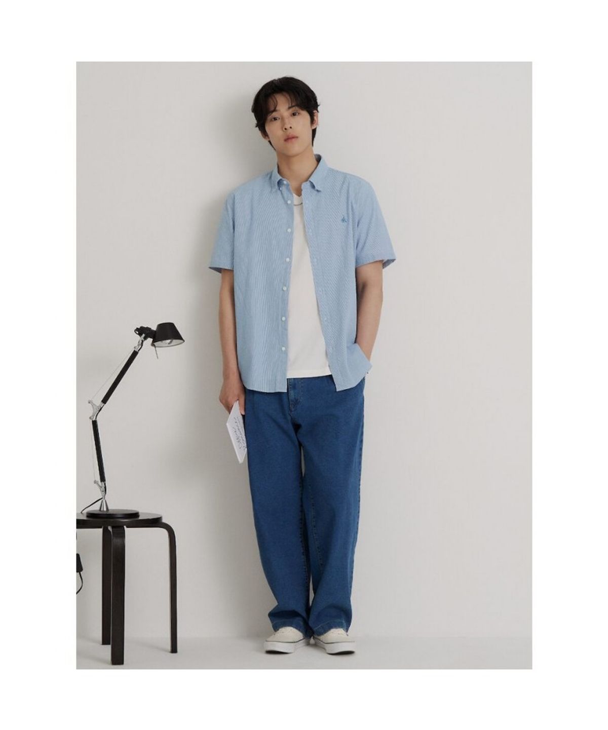 빈폴 멘(BEANPOLE MEN) 시어서커 마이크로 깅엄 반소매 셔츠  스카이 블루