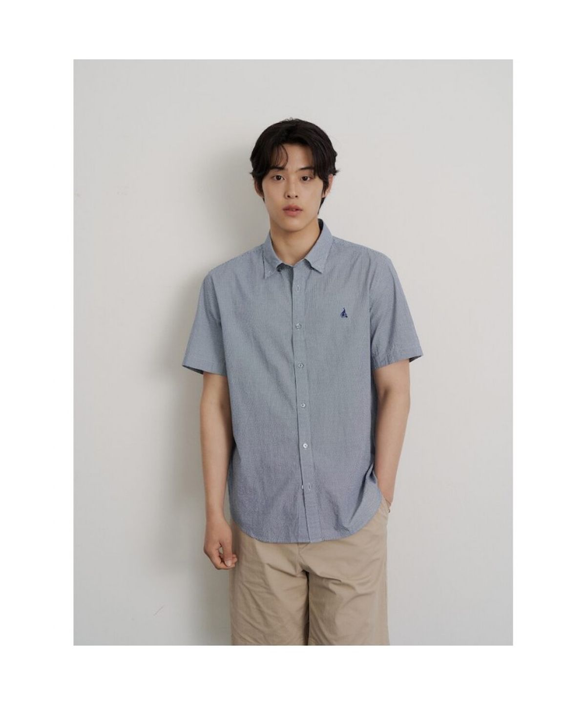 빈폴 멘(BEANPOLE MEN) 시어서커 마이크로 깅엄 반소매 셔츠  네이비