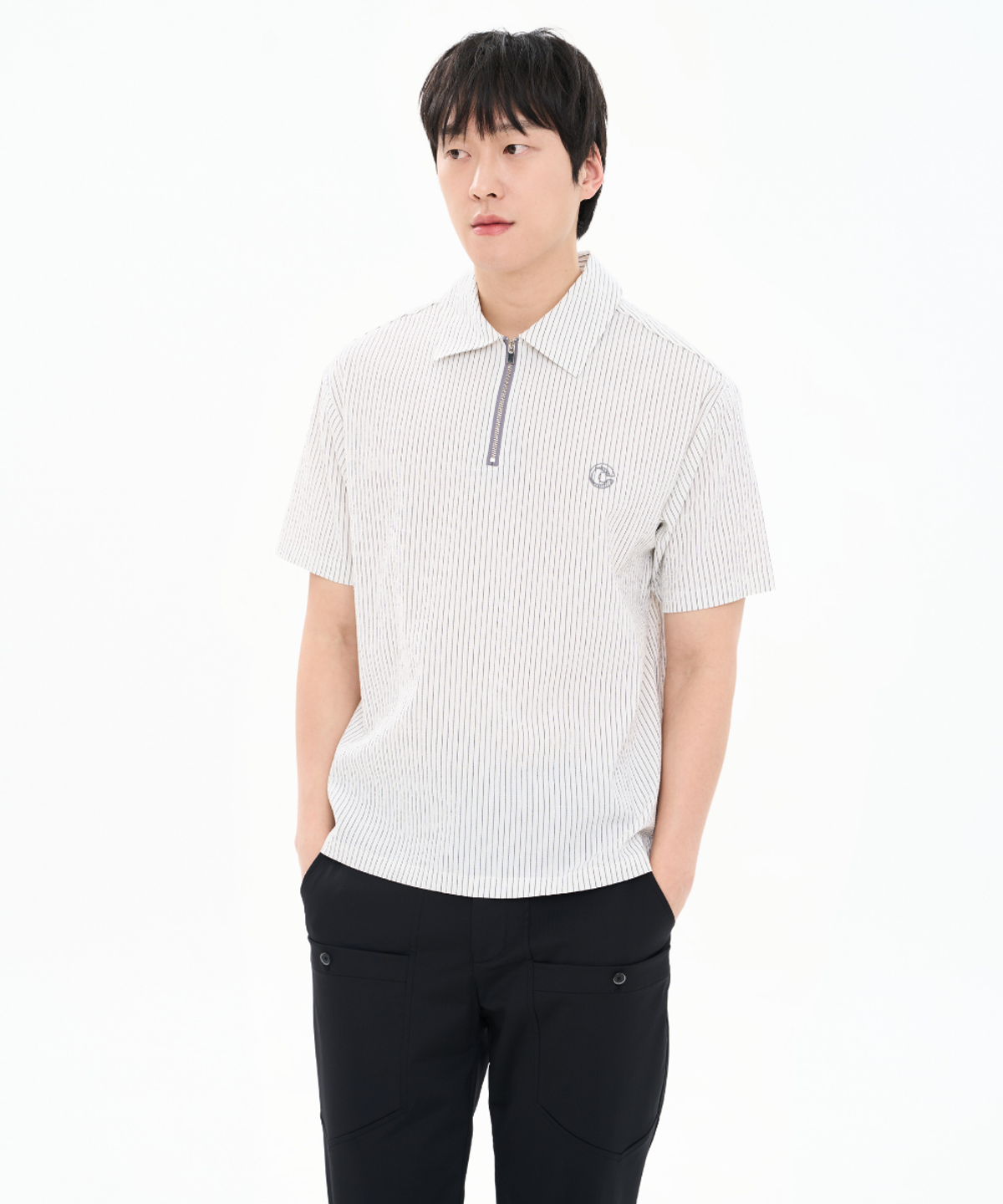 커스텀어스(CUSTOMUS) 남성 여름 선염 스트라이프 반집업 카라 티셔츠 출근룩 CXS26MKKT310 IVY