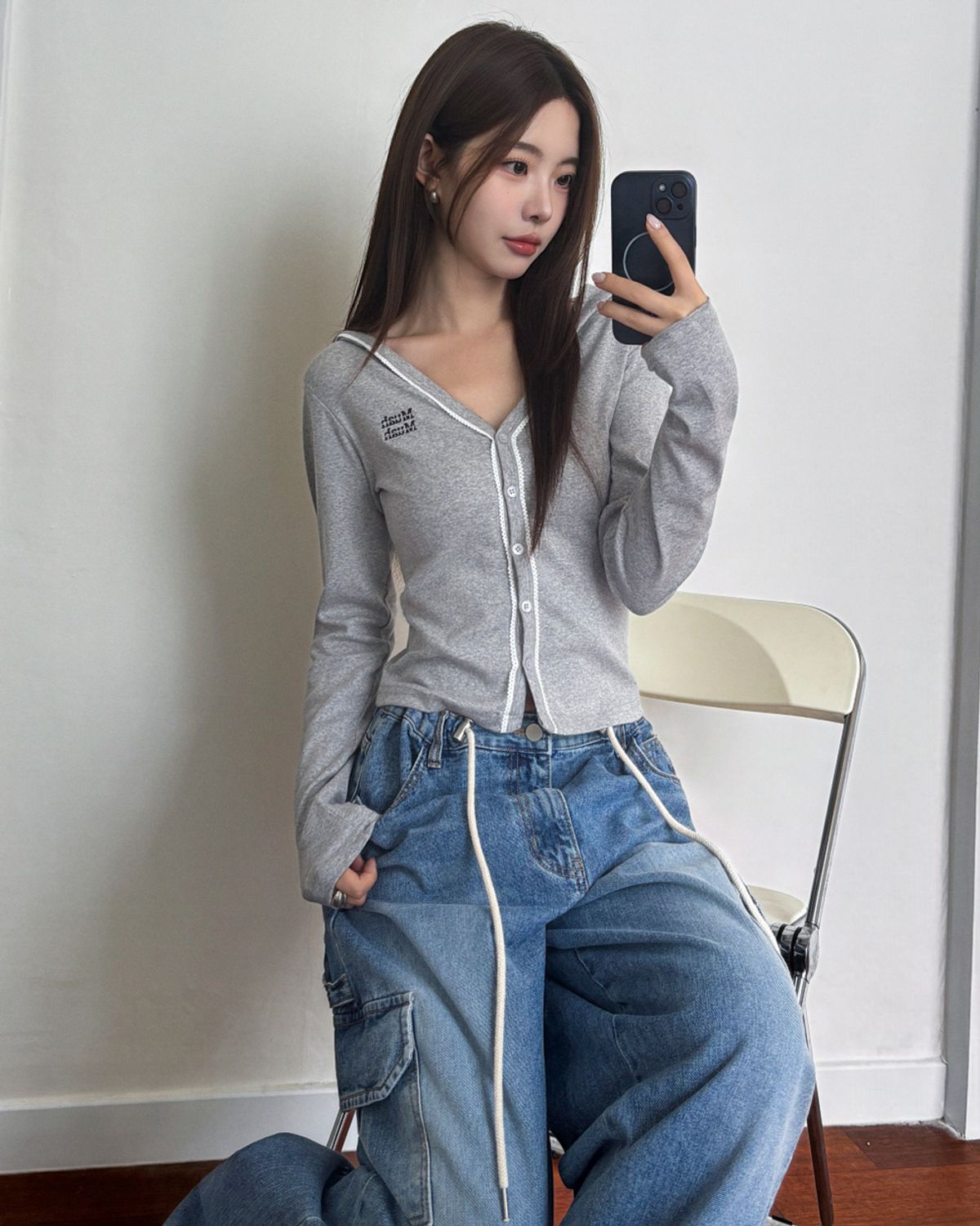 무아무아(MUAHMUAH) 레이스 포인트 더블 후드가디건 [그레이]