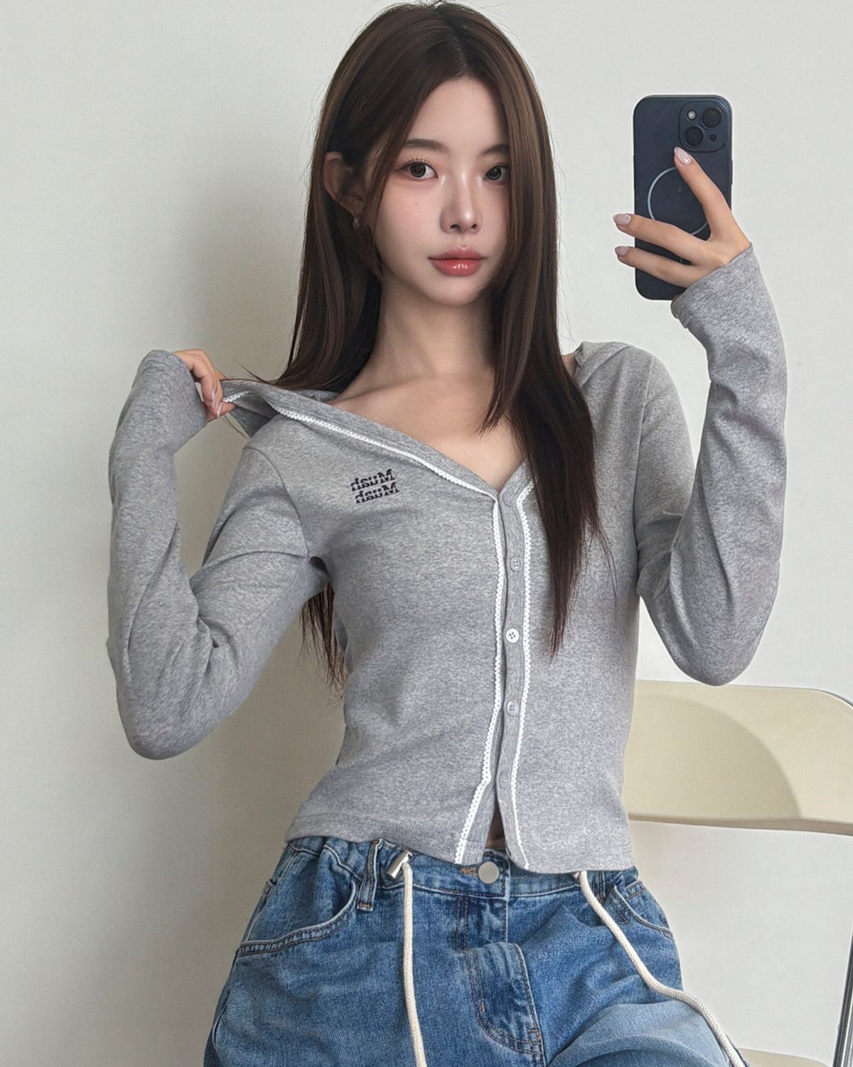 무아무아(MUAHMUAH) 레이스 포인트 더블 후드가디건 [그레이]