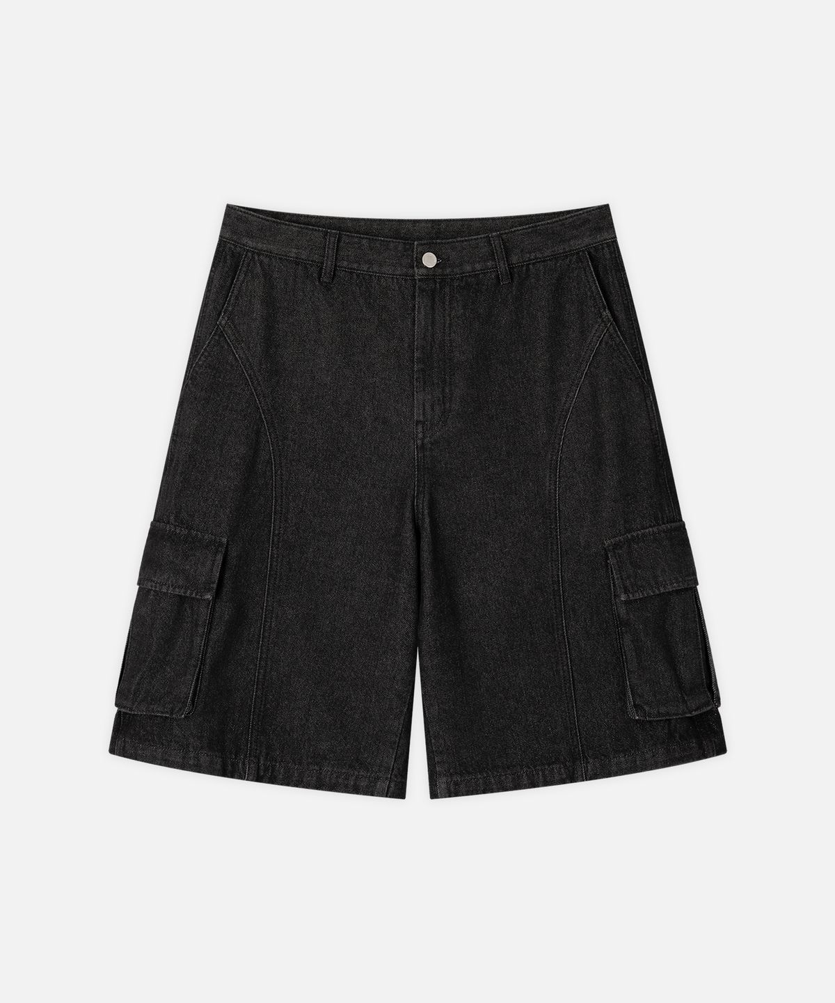 드로우핏(DRAW FIT) 커브드 라인 카고 데님 하프 팬츠 [BLACK]