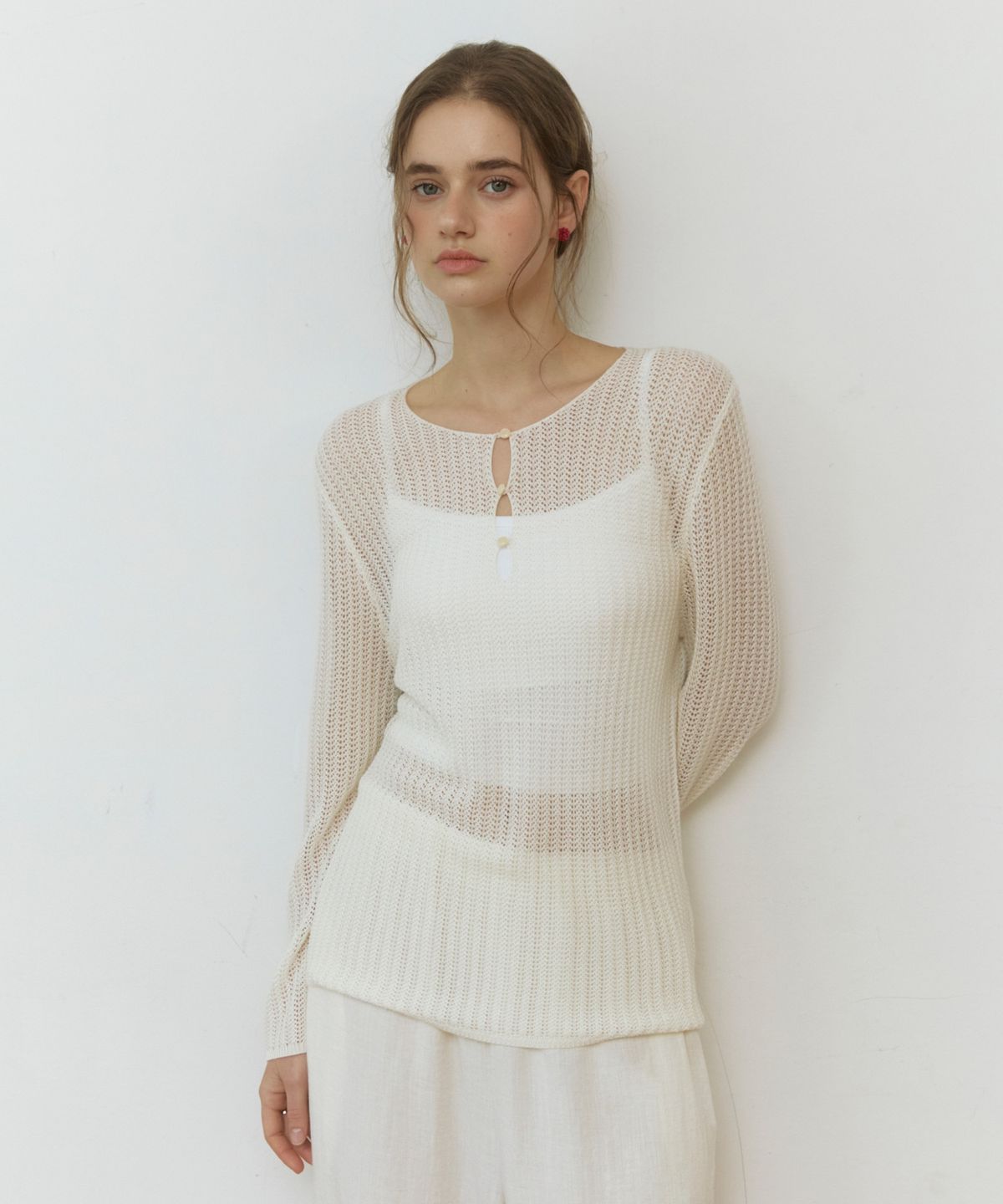 어다울(ADAUL) Three button net see through knit - ivory