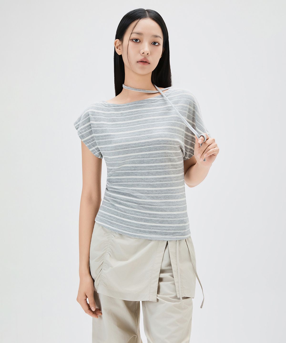 미쏘(MIXXO) 스트라이프 타이 반팔 티셔츠_MIWHWG40SS