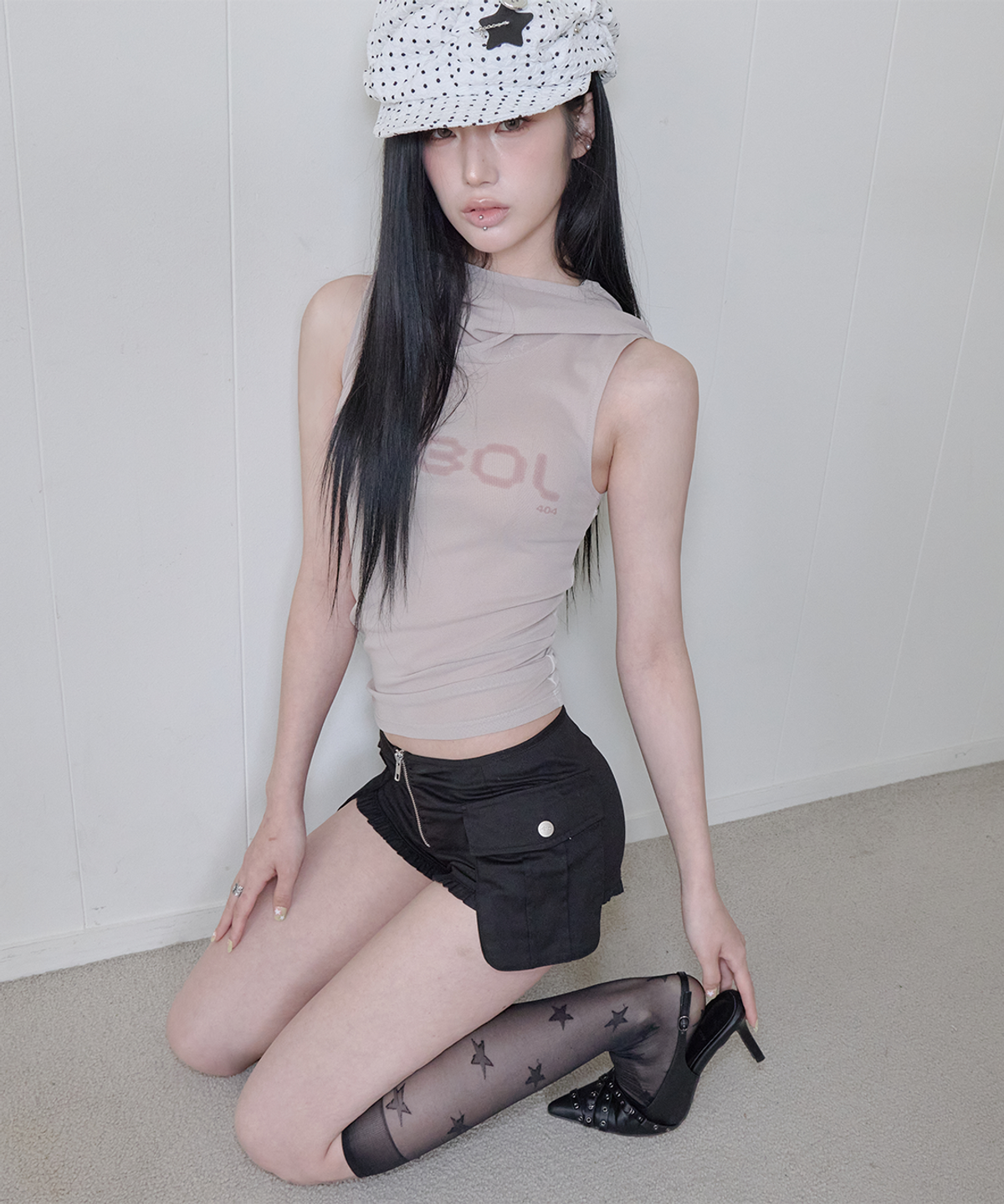 사일프레이(41PRAY) Draped Mesh Hoodie Sleeveless / Beige