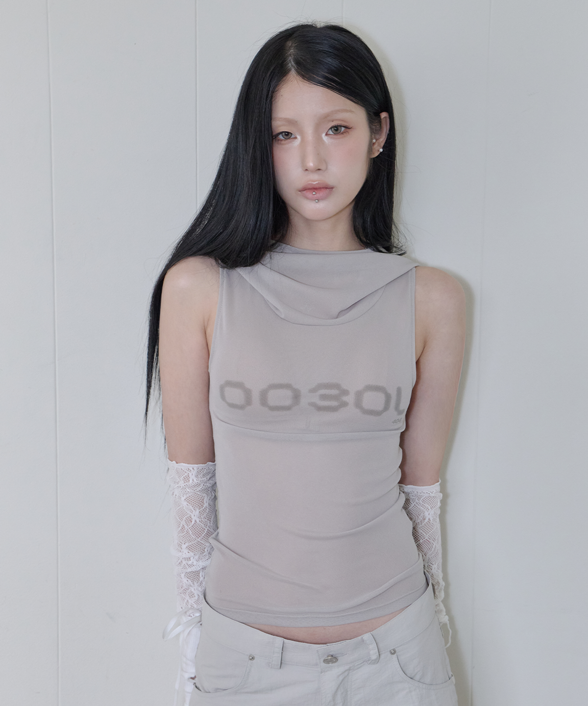 사일프레이(41PRAY) Draped Mesh Hoodie Sleeveless / Light Khaki
