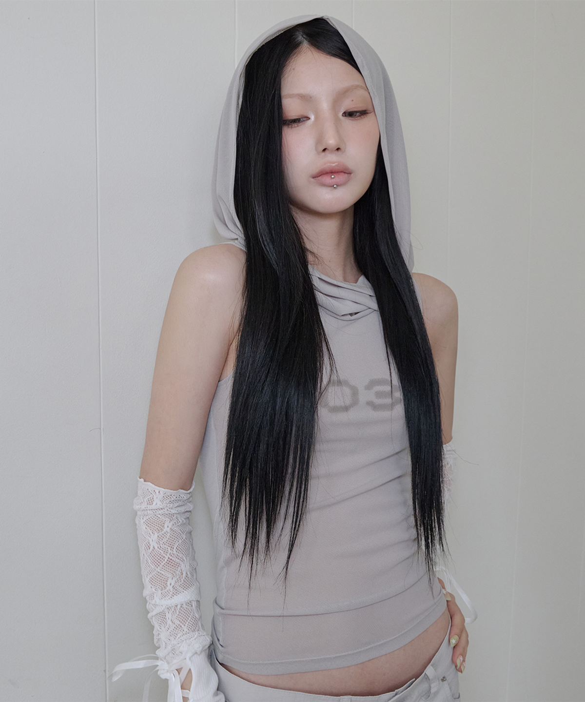 사일프레이(41PRAY) Draped Mesh Hoodie Sleeveless / Light Khaki