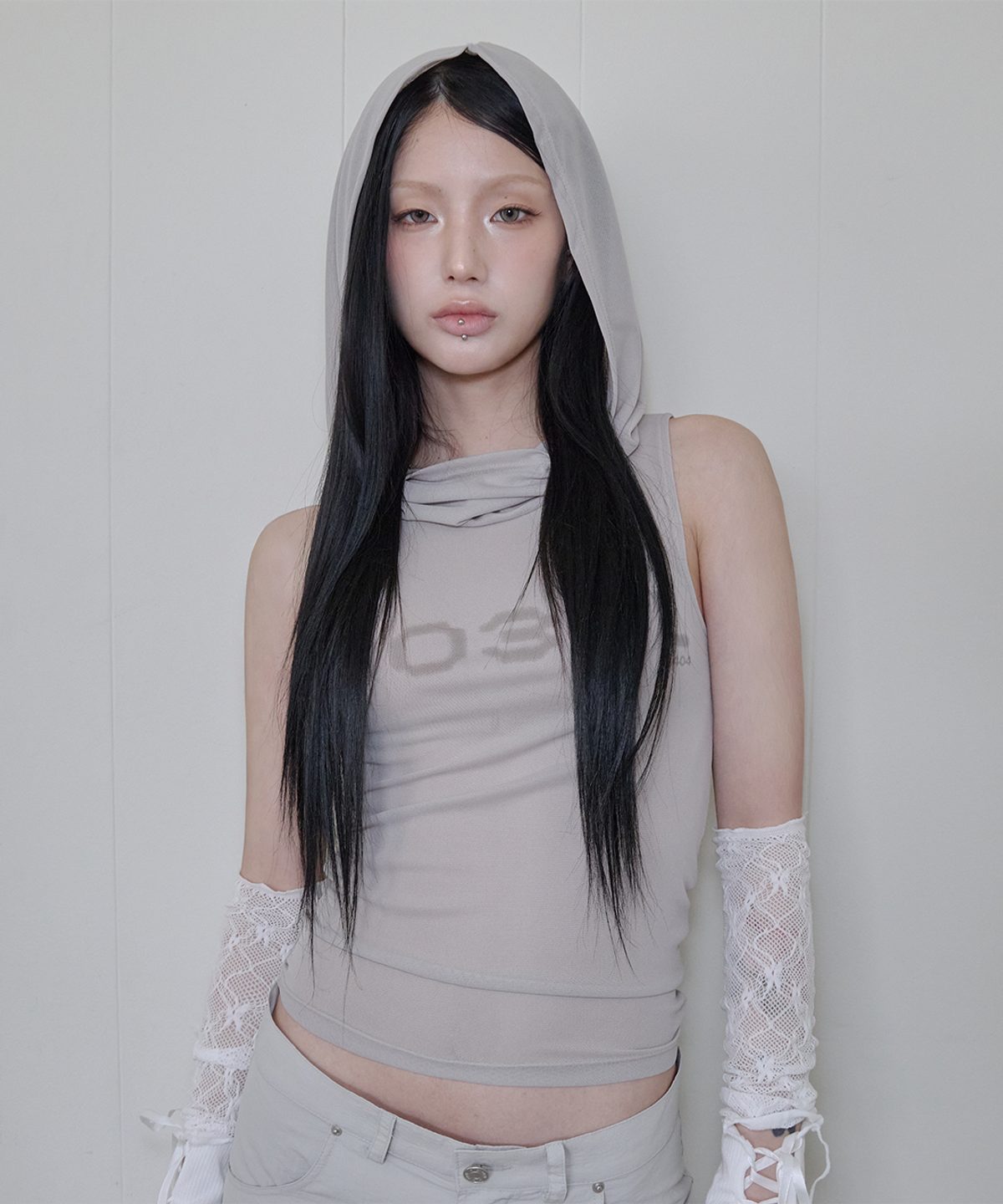 사일프레이(41PRAY) Draped Mesh Hoodie Sleeveless / Light Khaki