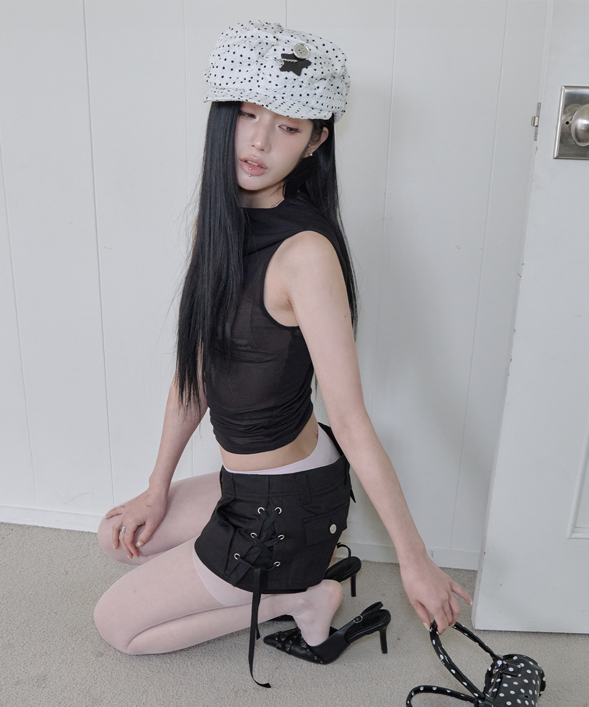 사일프레이(41PRAY) Draped Mesh Hoodie Sleeveless / Black