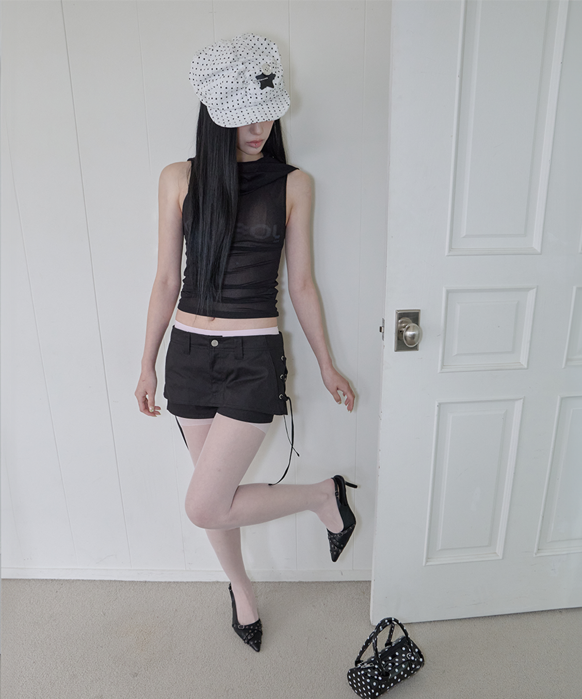 사일프레이(41PRAY) Draped Mesh Hoodie Sleeveless / Black