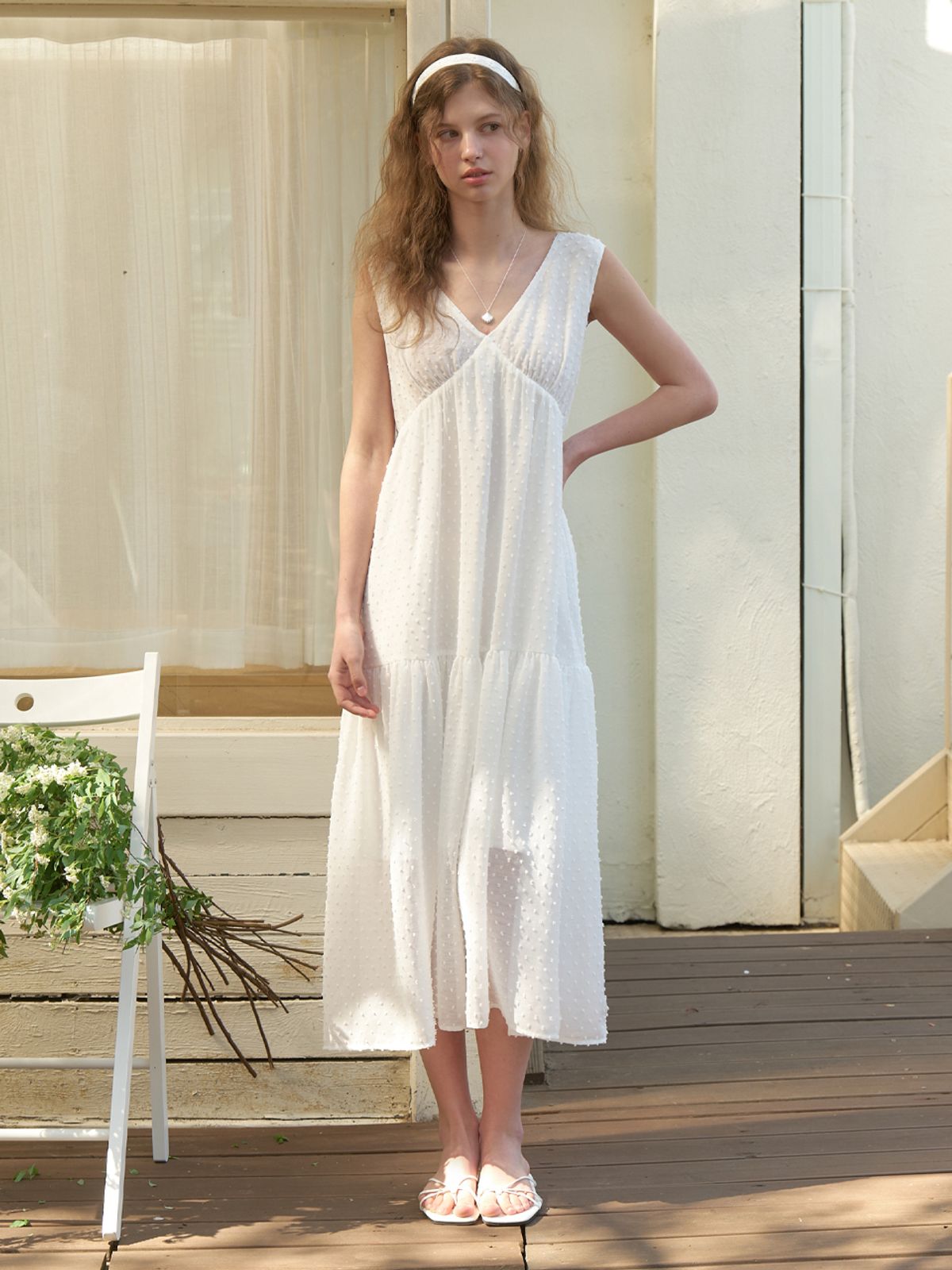 리엘(RE L) Rosehip dot-chiffon dress (white)