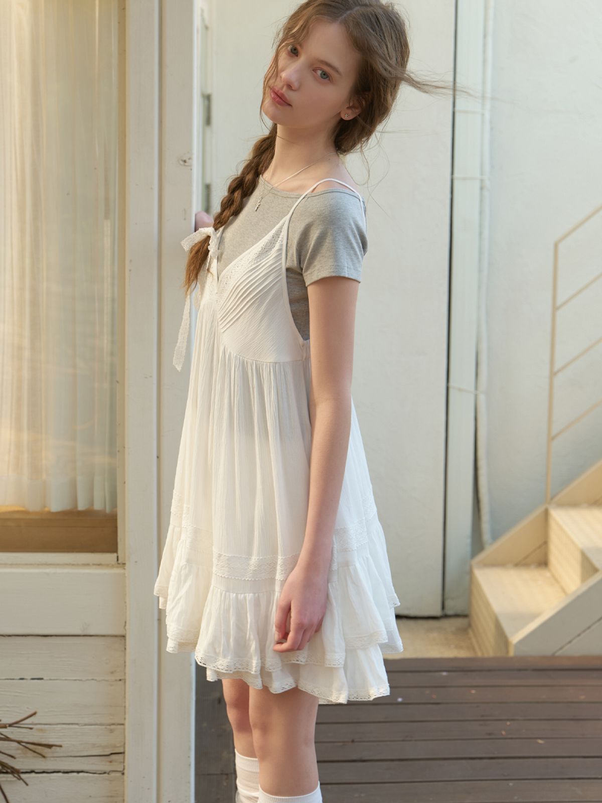 리엘(RE L) Siena lace layered dress (white)