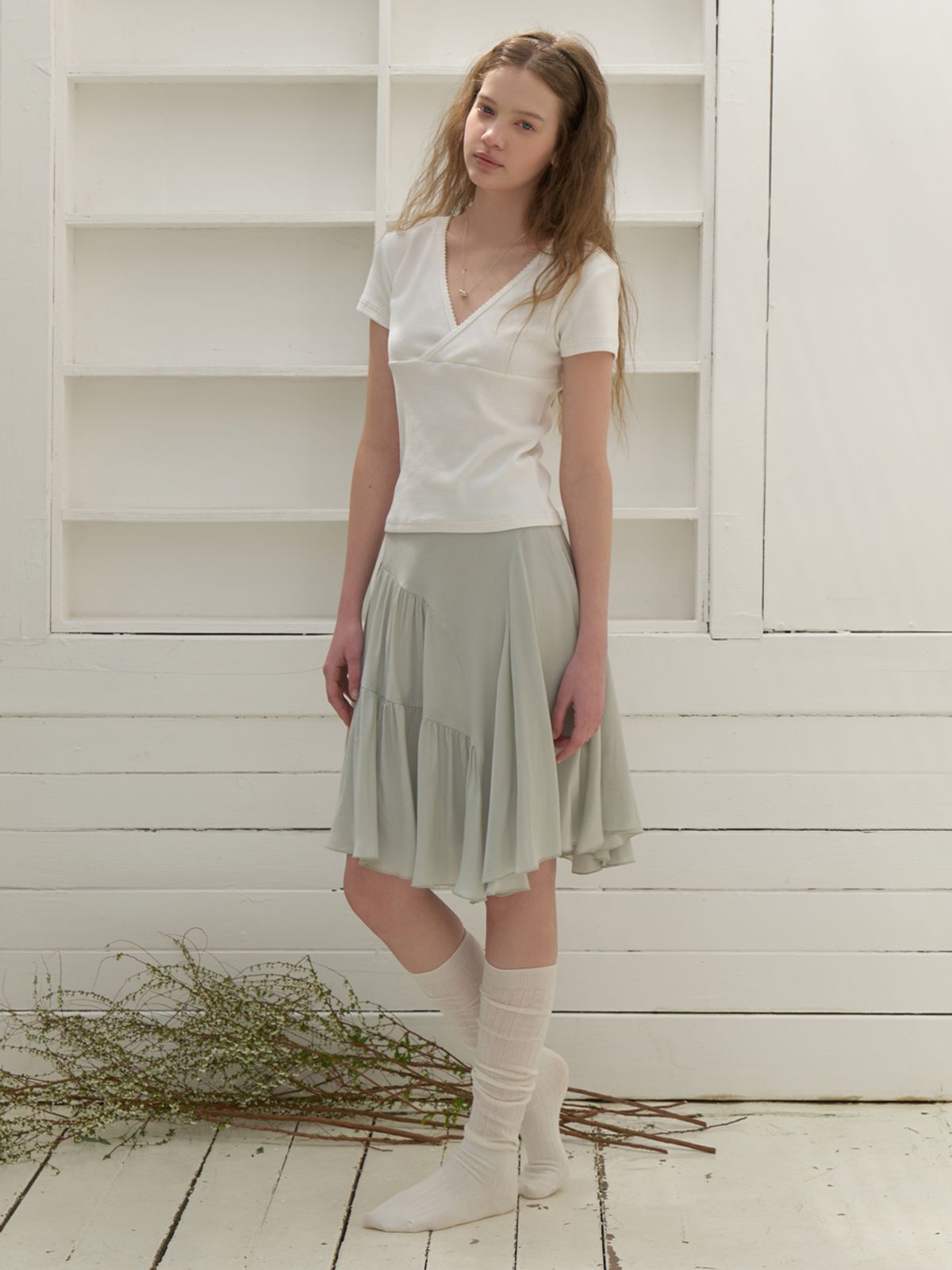 리엘(RE L) Ena chiffon shirring skirt (mint)