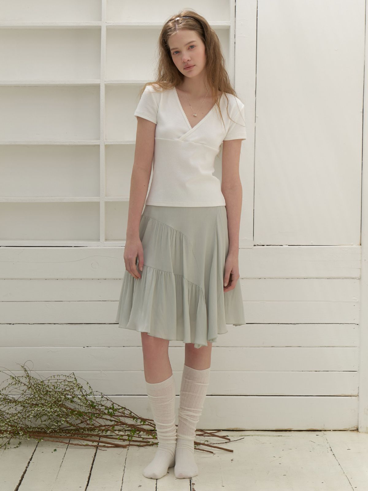 리엘(RE L) Ena chiffon shirring skirt (mint)